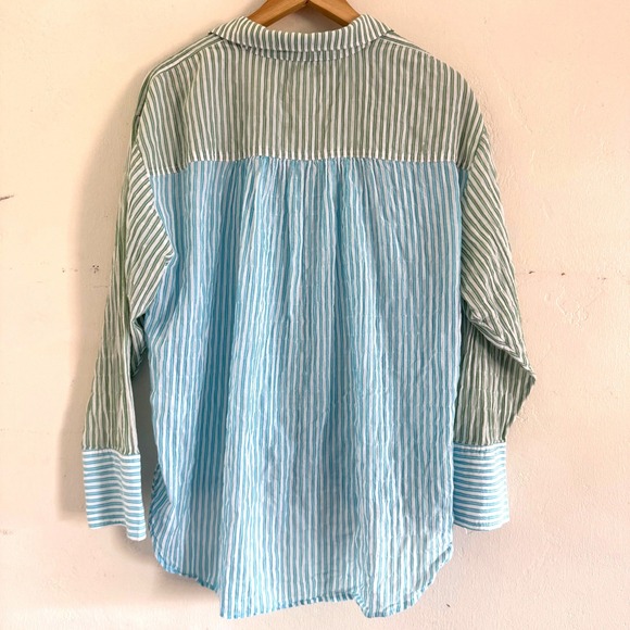 Maeve Anthropologie Striped Button Up Tie Front Shirt Blue Green Medium - Picture 3 of 7